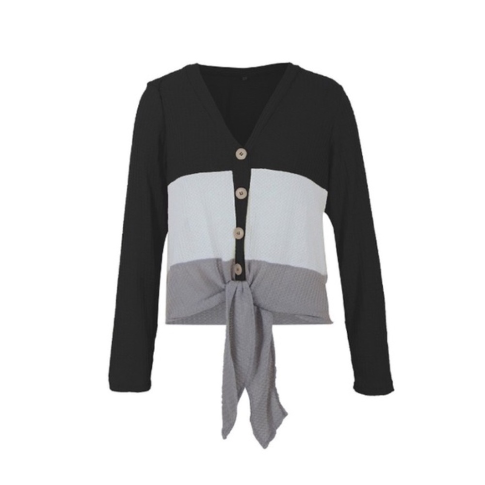 SOLD OUT CLEARANCE Black Waffle Knit Tie Front Long Sleeve Top - Picture 4 of 4